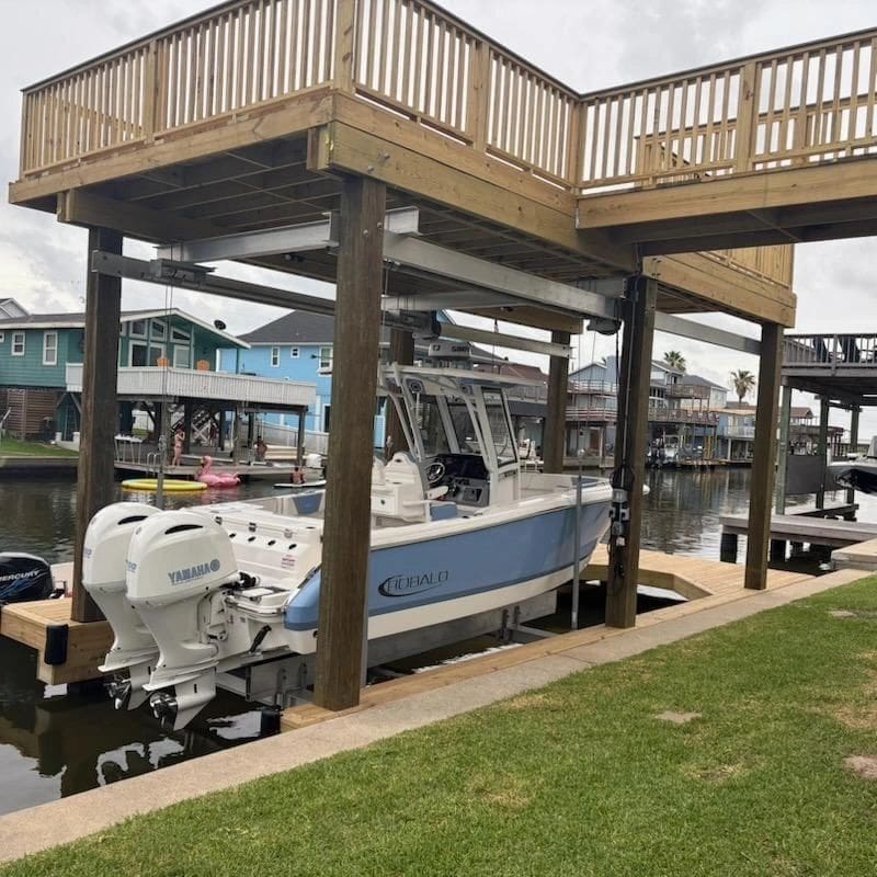 Elevated dock with moored boat